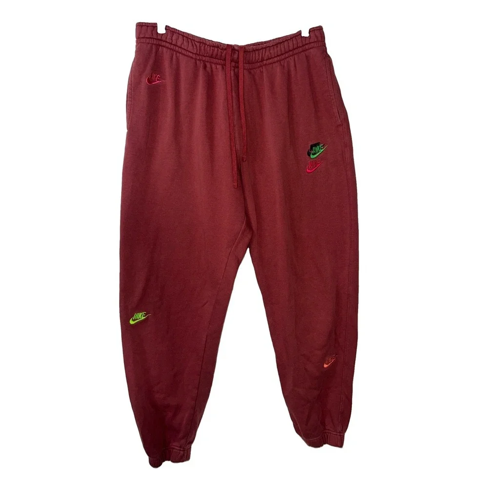 Nike Sweatpants Mens Burgundy Multi Logo Fleece Joggers Size XL